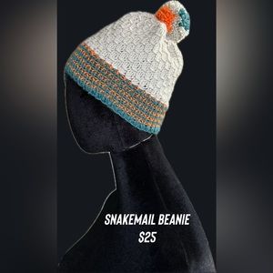 HANDMADE KNIT HAT // Blue:Orange:Cream // Snakemail Beanie // Made by Me